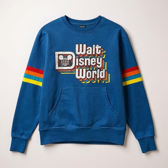 Walt Disney World Retro Blue Sweatshirt Small Rainbow Stripe Logo Crewneck Parks - Picture 1 of 9